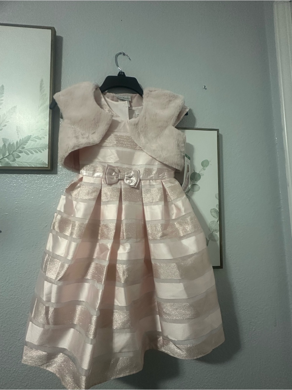 Jona Michelle Blush Pink Satin Stripe Party Dress with Faux Fur Bolero